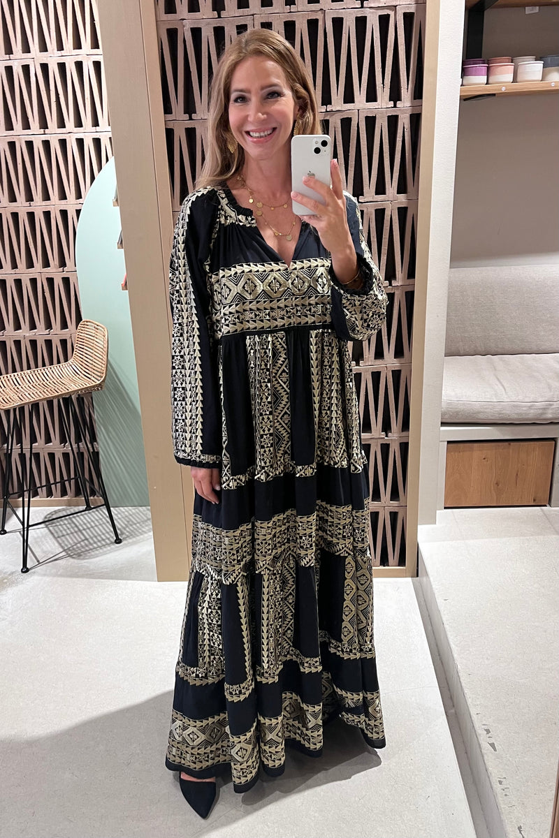 LONG DRESS "EMBROIDERED" BLACK/GOLD