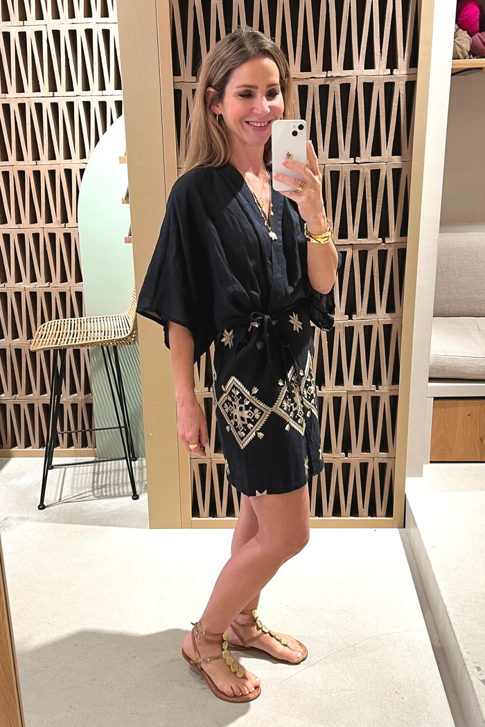 SHORT KIMONO WRAP DRESS "LEFKADA" BLACK/GOLD