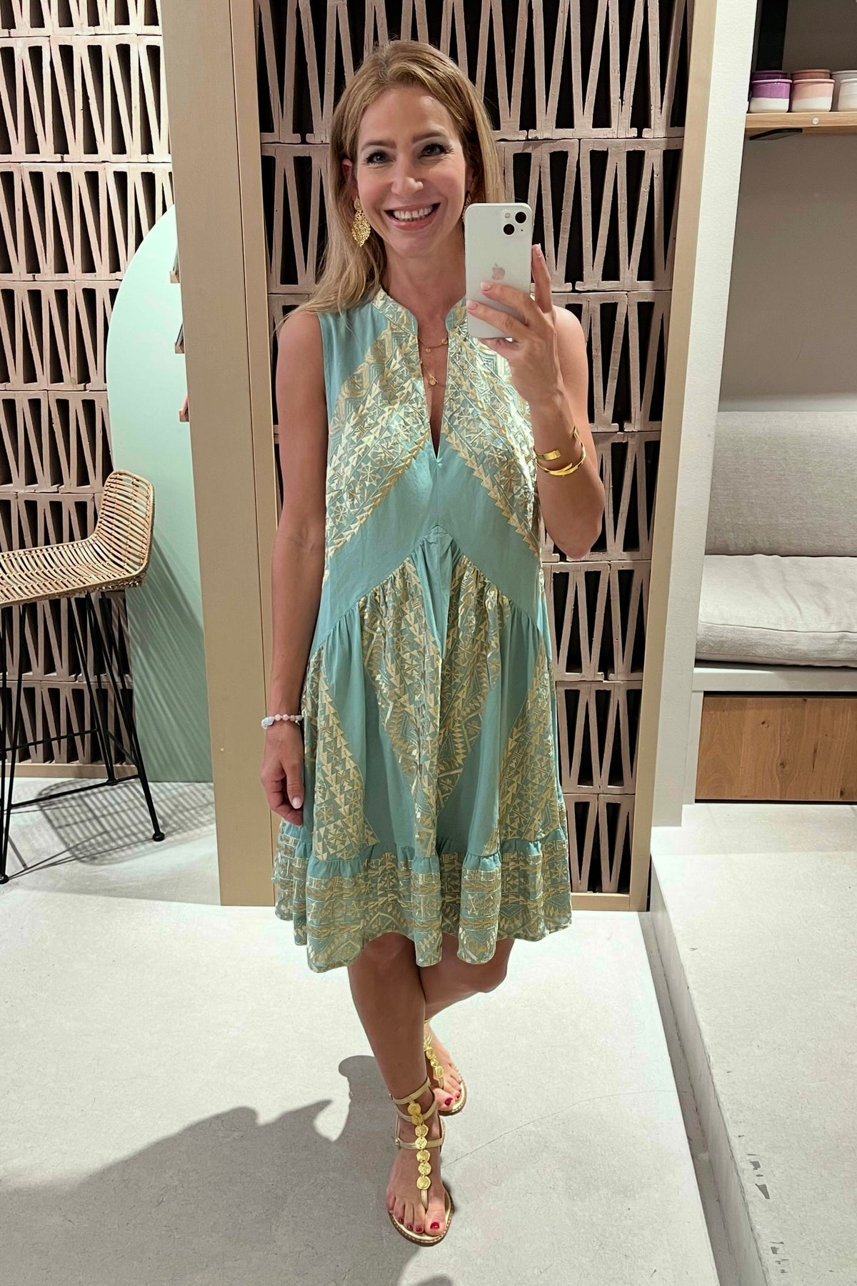 OVERSIZED SHORT COTTON DRESS "TRIANGLE" SEA GREEN/GOLD
