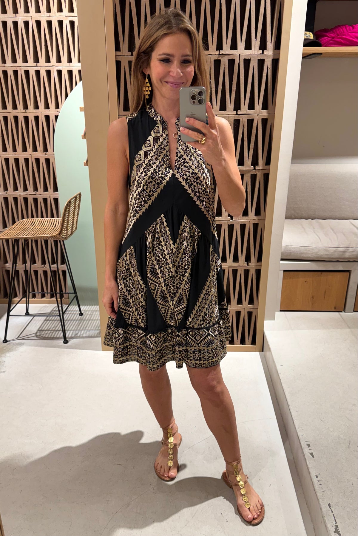 SHORT SLEEVELESS COTTON DRESS "EMBROIDERED" BLACK/GOLD