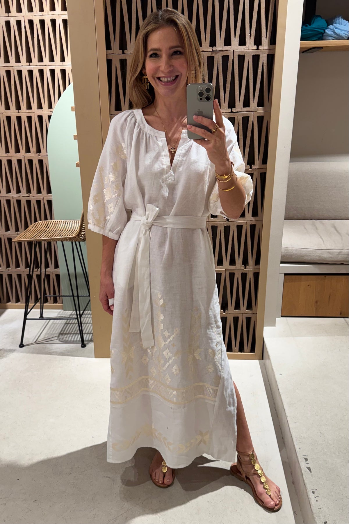 MIDI LINEN DRESS "IOS" WHITE/CHAMPAGNE