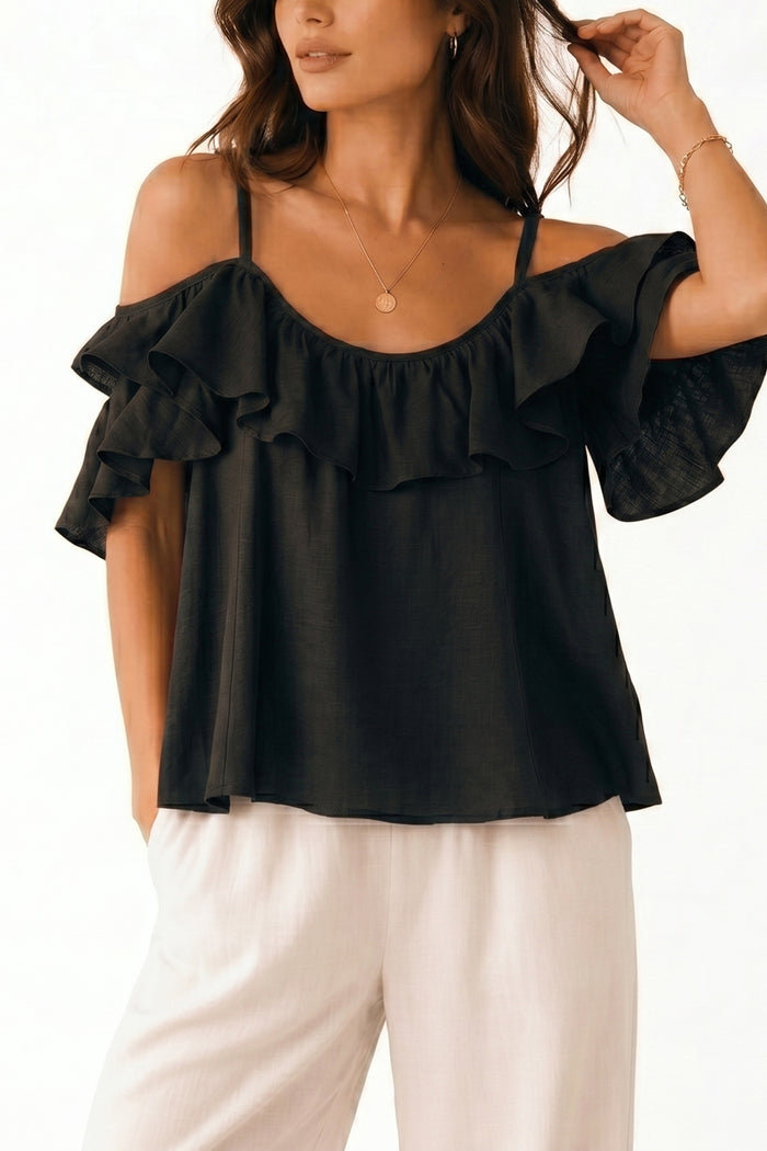 FLOWY BLOUSE WITH VOLANT "ATHENA" BLACK