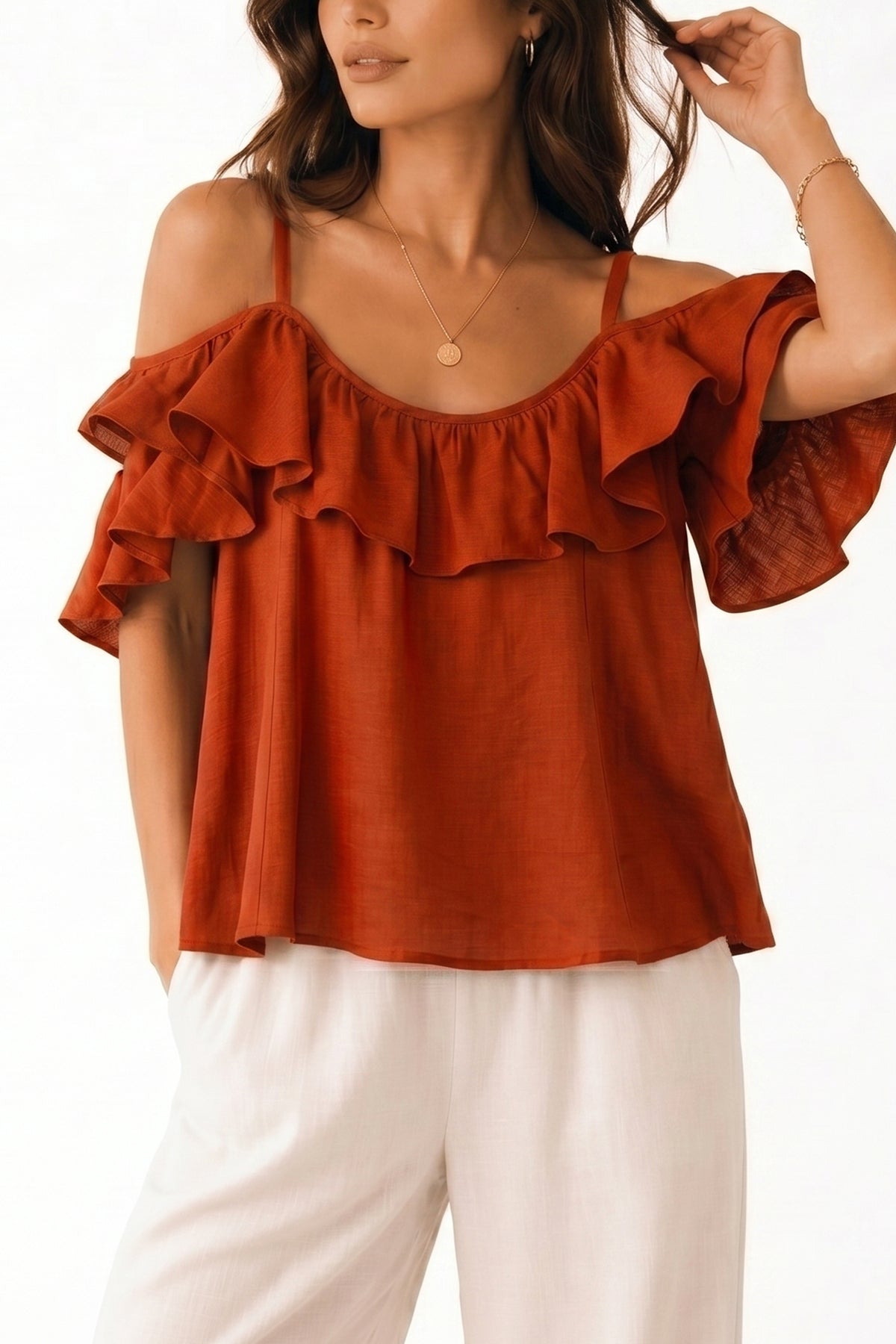 FLOWY BLOUSE WITH VOLANT "ATHENA" BRICK