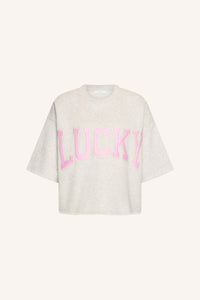 OVERSIZED COTTON PULLOVER "LUCKY" LIGHT GREY/BABY PINK