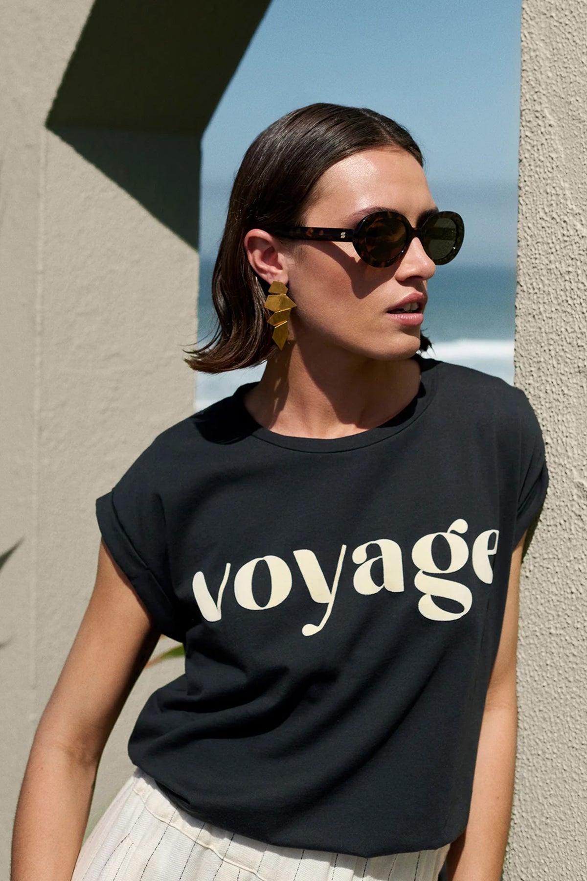 ORGANIC COTTON T-SHIRT "VOYAGE" BLACK/ECRU