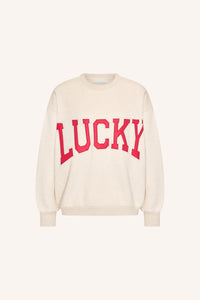 OVERSIZED COTTON SWEATER "LUCKY" BEIGE/RED