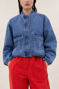 ORGANIC COTTON DENIM BOMBER JACKET MID BLUE