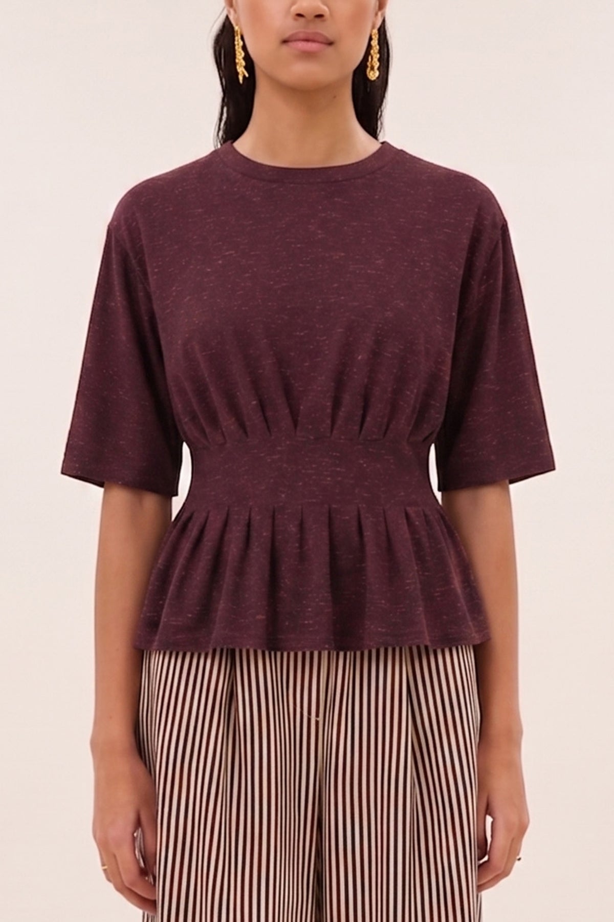 FITTED VISCOSE/LUREX T-SHIRT BURGUNDY