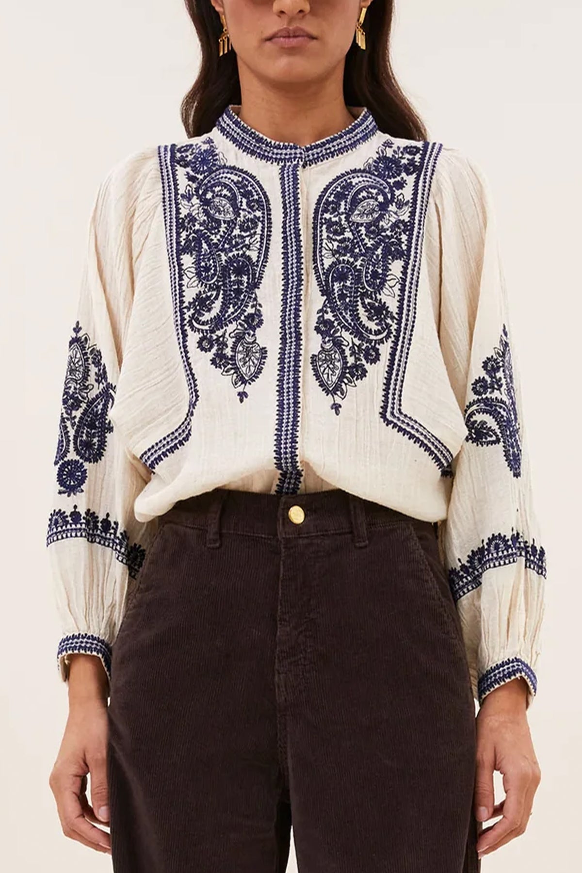 EMBROIDERED COTTON/LINEN BLOUSE SAND/BLUE