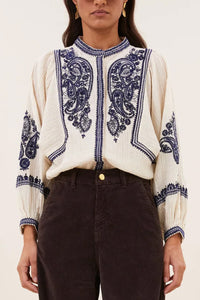 EMBROIDERED COTTON/LINEN BLOUSE SAND/BLUE