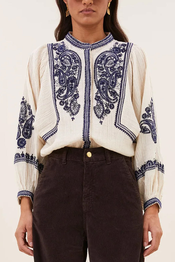 EMBROIDERED COTTON/LINEN BLOUSE SAND/BLUE