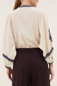 EMBROIDERED COTTON/LINEN BLOUSE SAND/BLUE