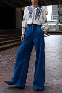 EMBROIDERED COTTON/LINEN BLOUSE SAND/BLUE