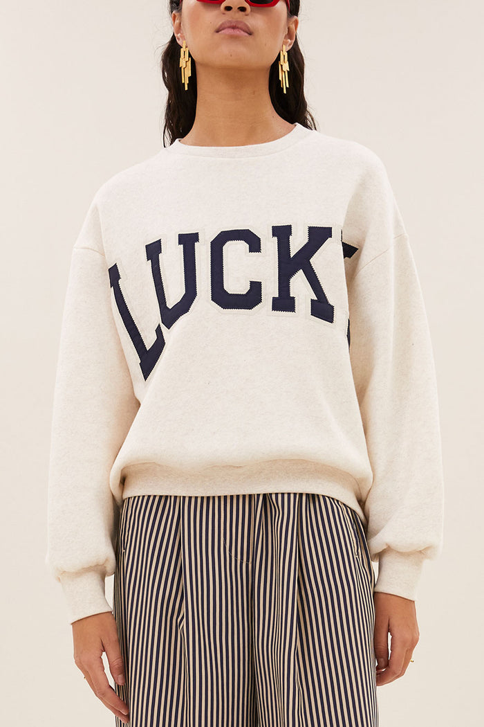 OVERSIZED ORGANIC COTTON SWEATER "LUCKY" BEIGE/NAVY