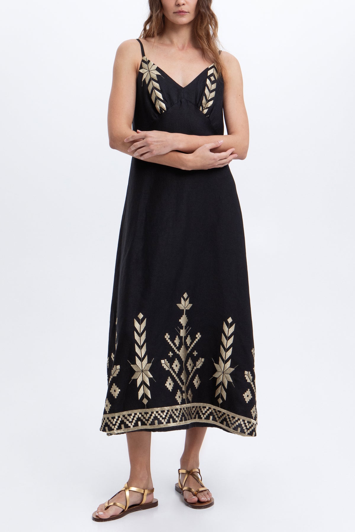 STRAPPY LINEN MIDI DRESS WITH V-NECK "IOS" BLACK/GOLD