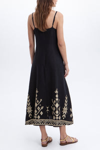 STRAPPY LINEN MIDI DRESS WITH V-NECK "IOS" BLACK/GOLD
