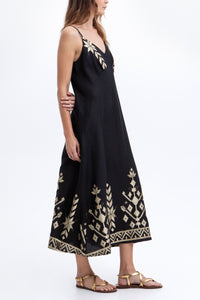 STRAPPY LINEN MIDI DRESS WITH V-NECK "IOS" BLACK/GOLD