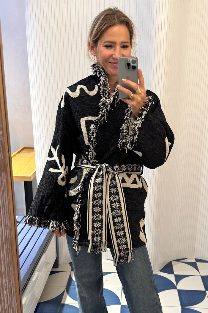 JACQUARD KIMONO JACKET "HESTIA" BLACK/ECRU