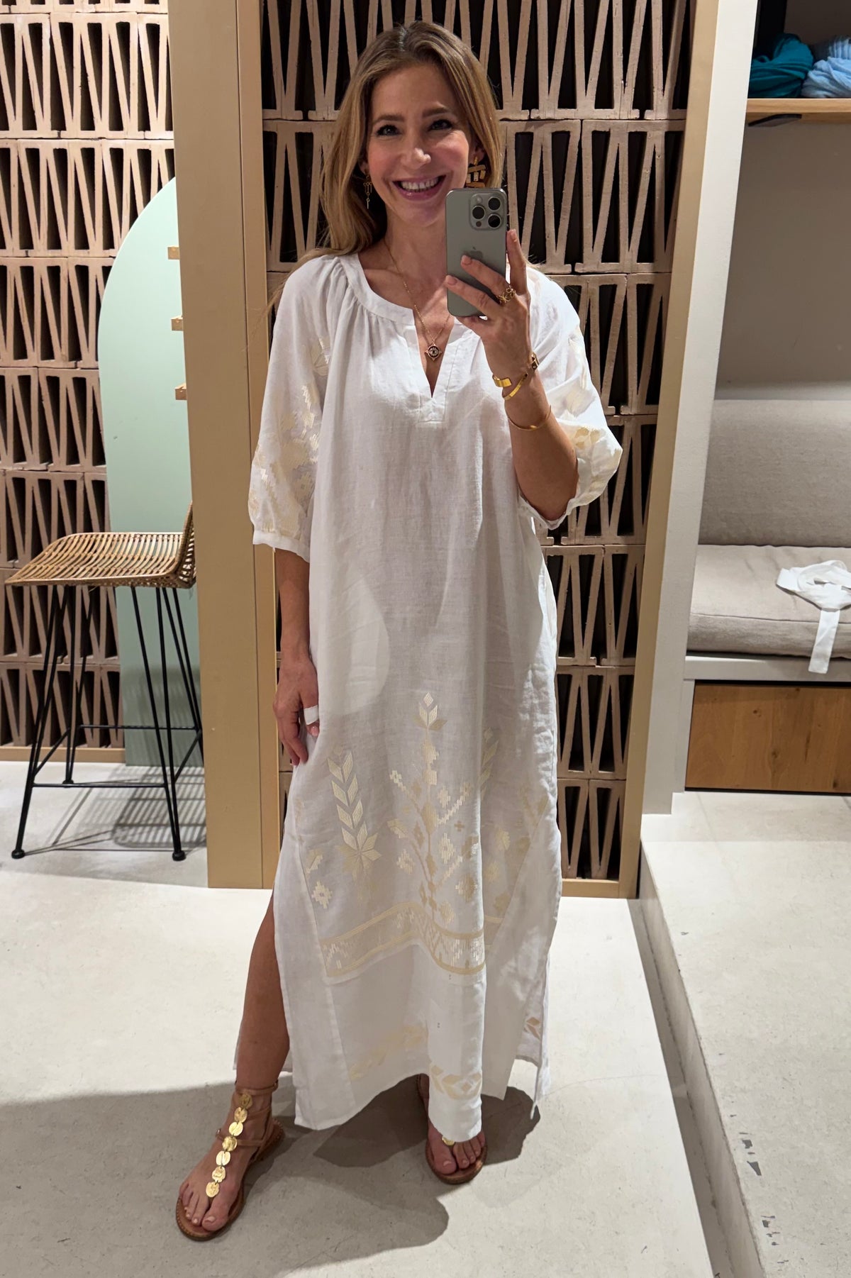 MIDI LINEN DRESS "IOS" WHITE/CHAMPAGNE