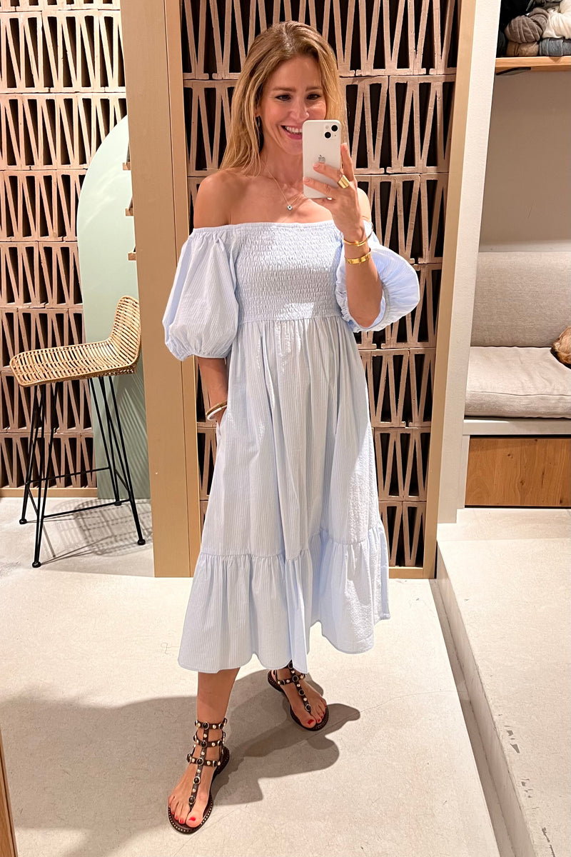 SMOCKED OFF-SHOULDER MIDI DRESS "OPHELIA" SKY BLUE