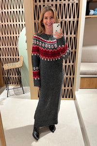 KNITTED LONG DRESS "WINTERDREAM" GREY/RED