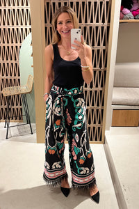 WIDE LEG FEATHER TRIMMED PANTS "MOONFLOWER" MULTICOLOR