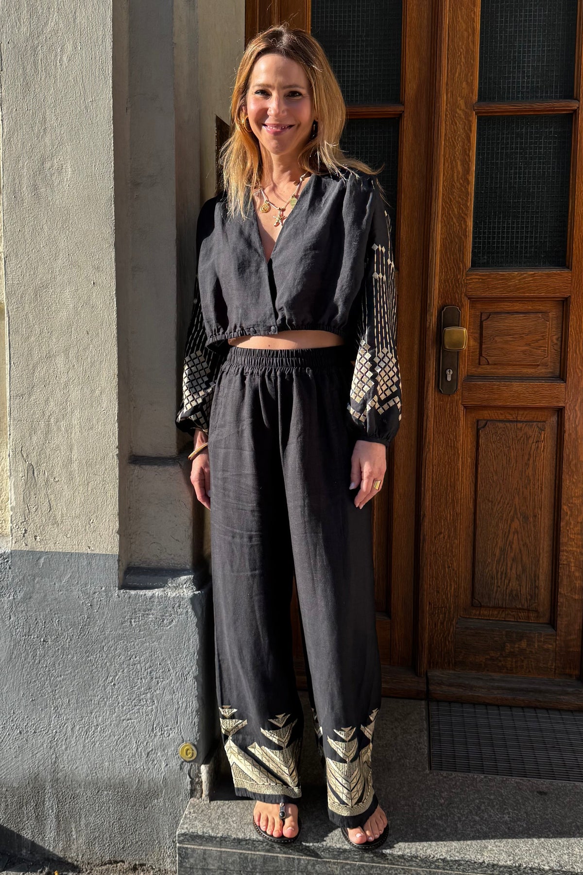 WIDE LEG LINEN PANTS "PYRAMIDS" BLACK/GOLD