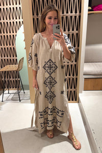 MIDI LINEN DRESS "LEFKADA" BEIGE/BLACK