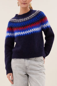 MOHAIR KNIT PULLOVER NAVY/RED/WHITE