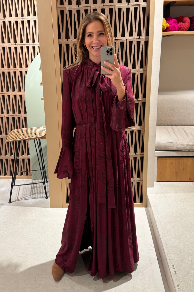 LONG JACQUARD DRESS "ROSES" BORDEAUX