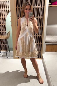 SHORT SLEEVELESS COTTON DRESS "EMBROIDERED" WHITE/GOLD
