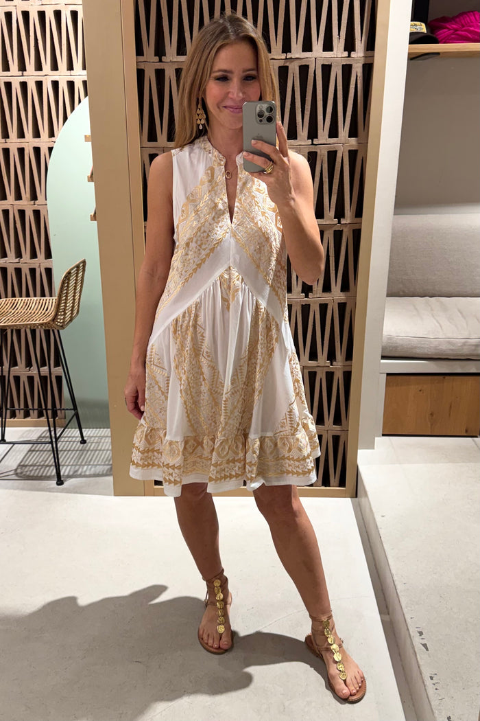 SHORT SLEEVELESS COTTON DRESS "EMBROIDERED" WHITE/GOLD