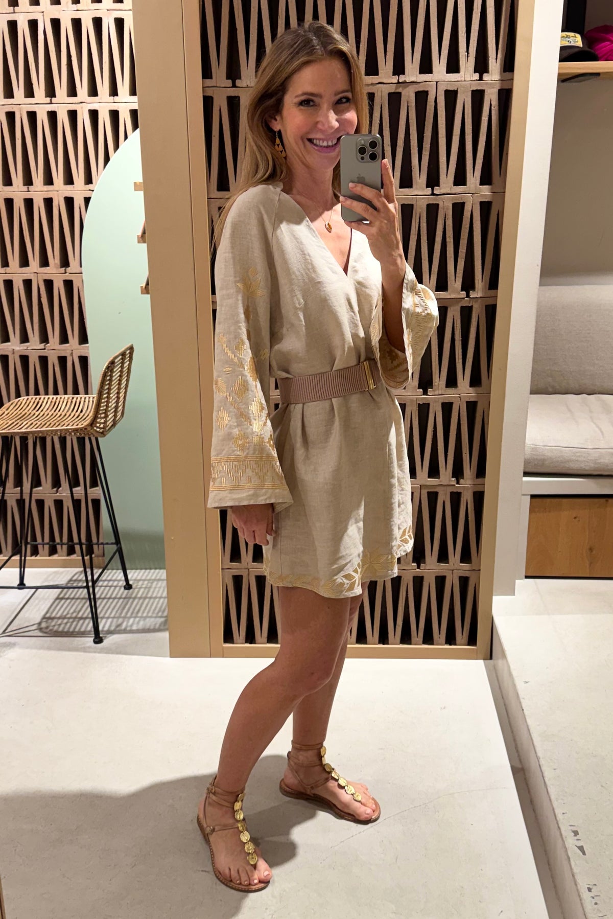 SHORT LINEN KAFTAN DRESS "IOS" BEIGE/GOLD