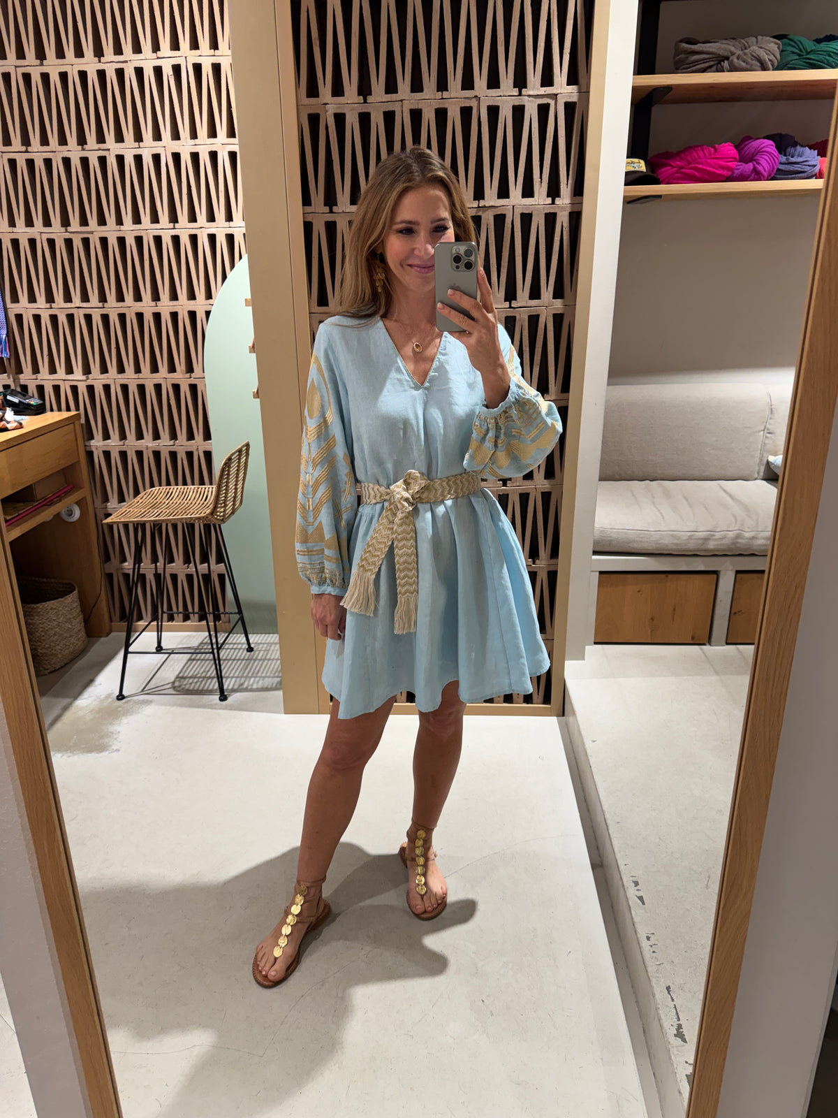 SHORT LINEN DRESS WITH BALLON SLEEVES "FEATHER" CIEL/GOLD