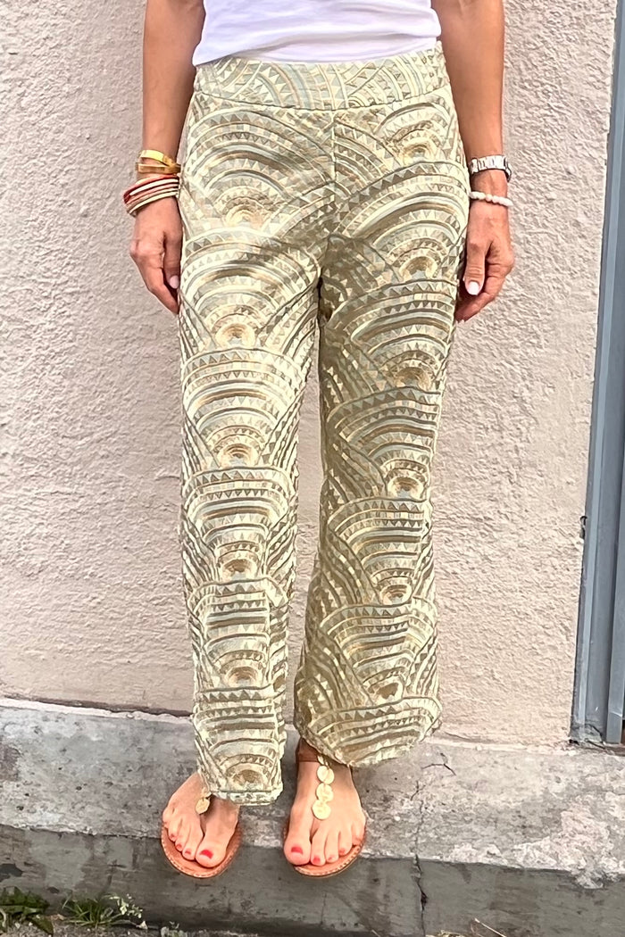 CROPPED EMBROIDERED COTTON PANTS "TRIANGLE" SEA GREEN/GOLD