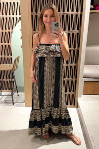 STRAPPY MIDI COTTON DRESS WITH RUFFLES "EMBROIDERED" BLACK/GOLD