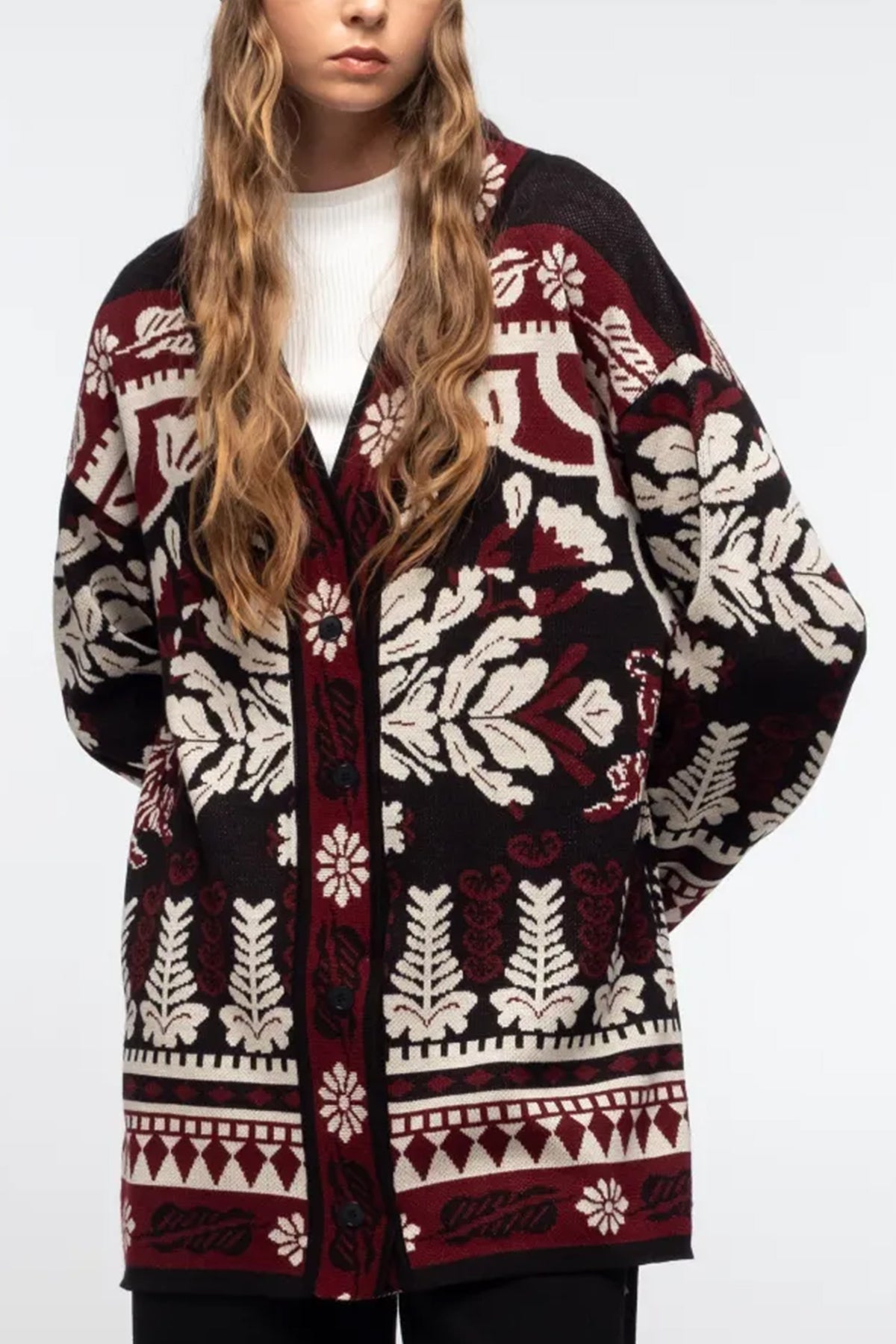 INTARSIA KNIT CARDIGAN BLACK/BORDEAUX/ECRU