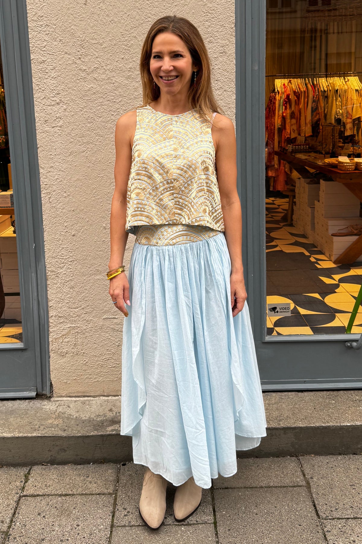 MIDI COTTON SKIRT "TRIANGLE" CIEL/GOLD