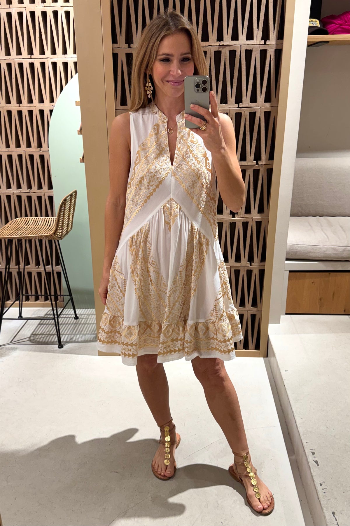 SHORT SLEEVELESS COTTON DRESS "EMBROIDERED" WHITE/GOLD