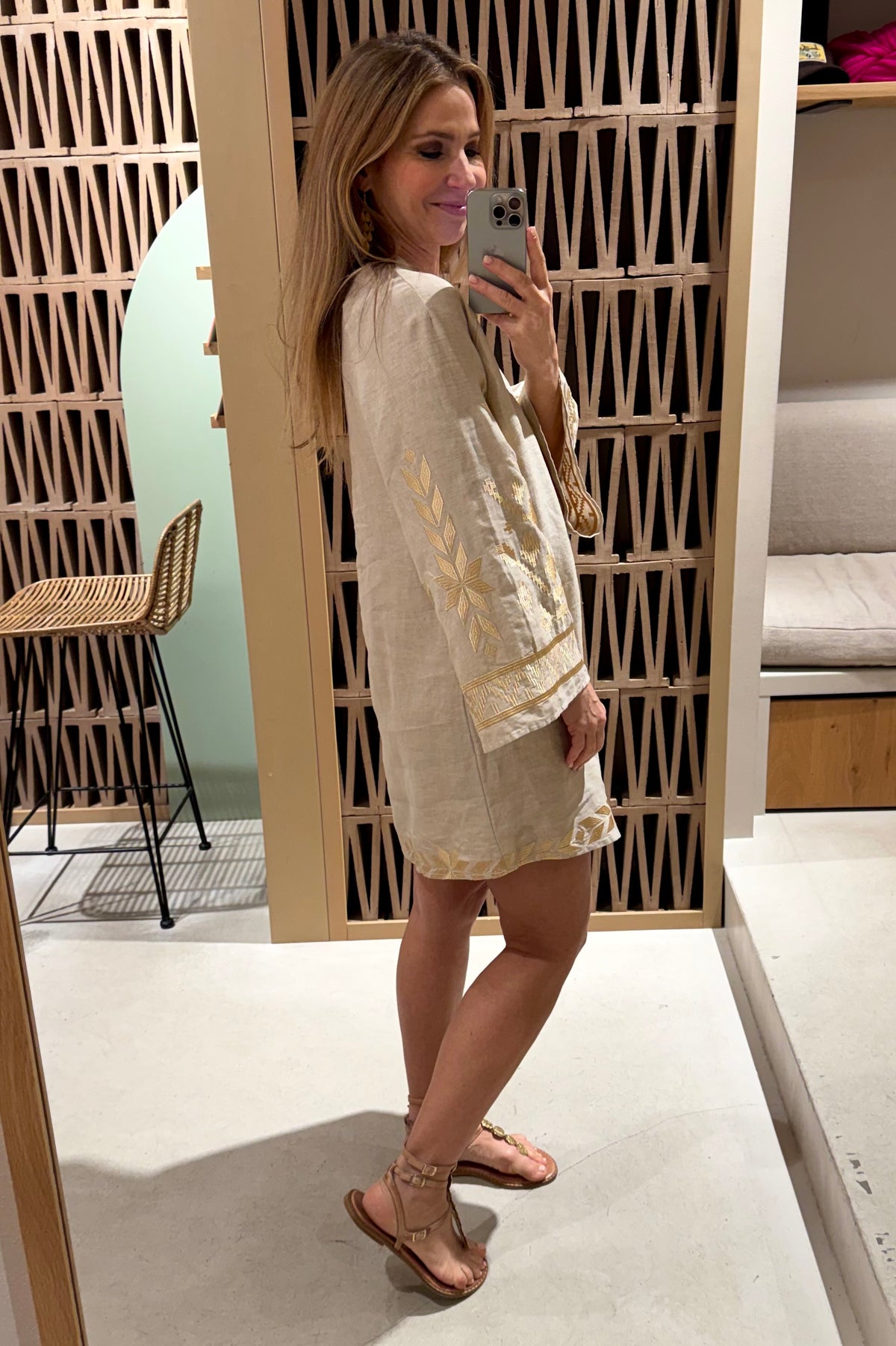 SHORT LINEN KAFTAN DRESS "IOS" BEIGE/GOLD