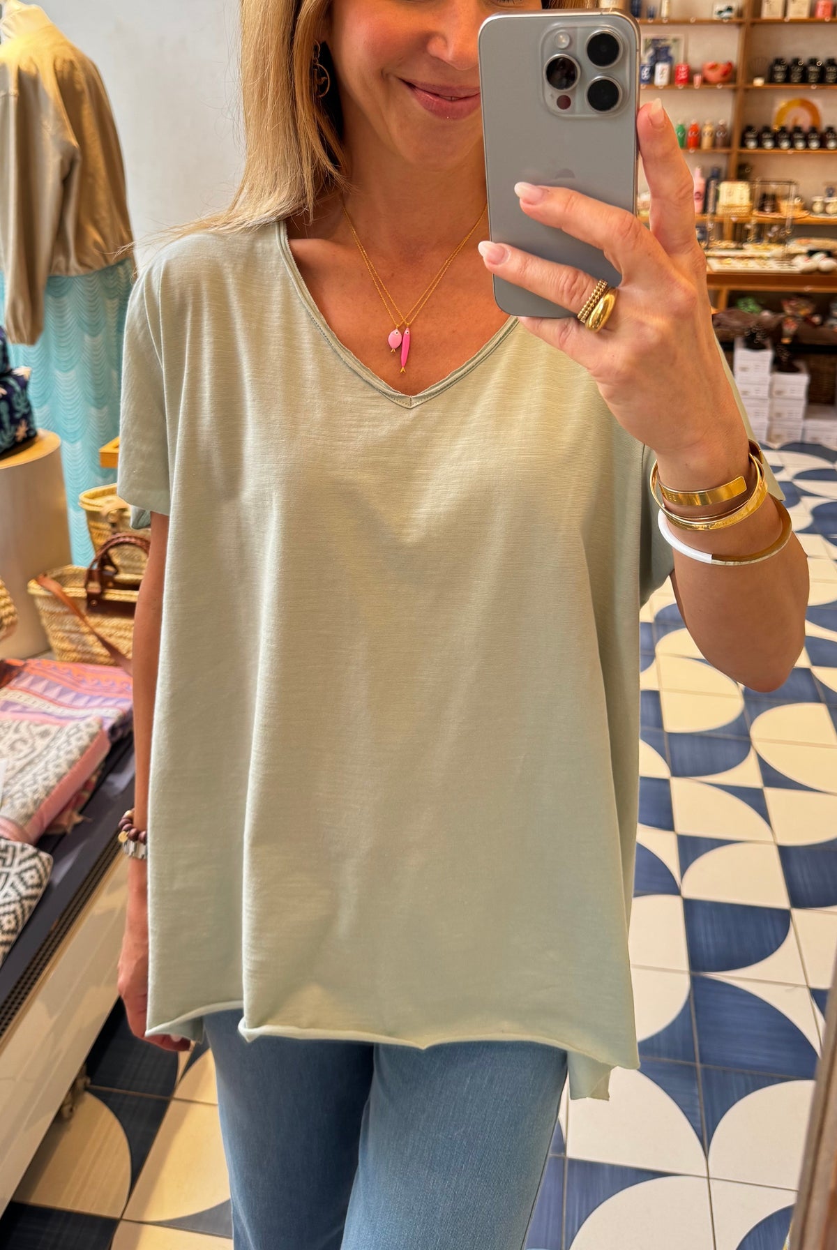 SUPER OVERSIZED V-NECK COTTON T-SHIRT MINT