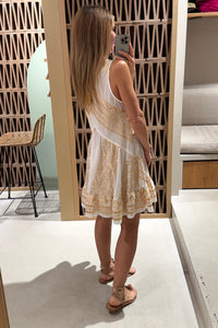 SHORT SLEEVELESS COTTON DRESS "EMBROIDERED" WHITE/GOLD
