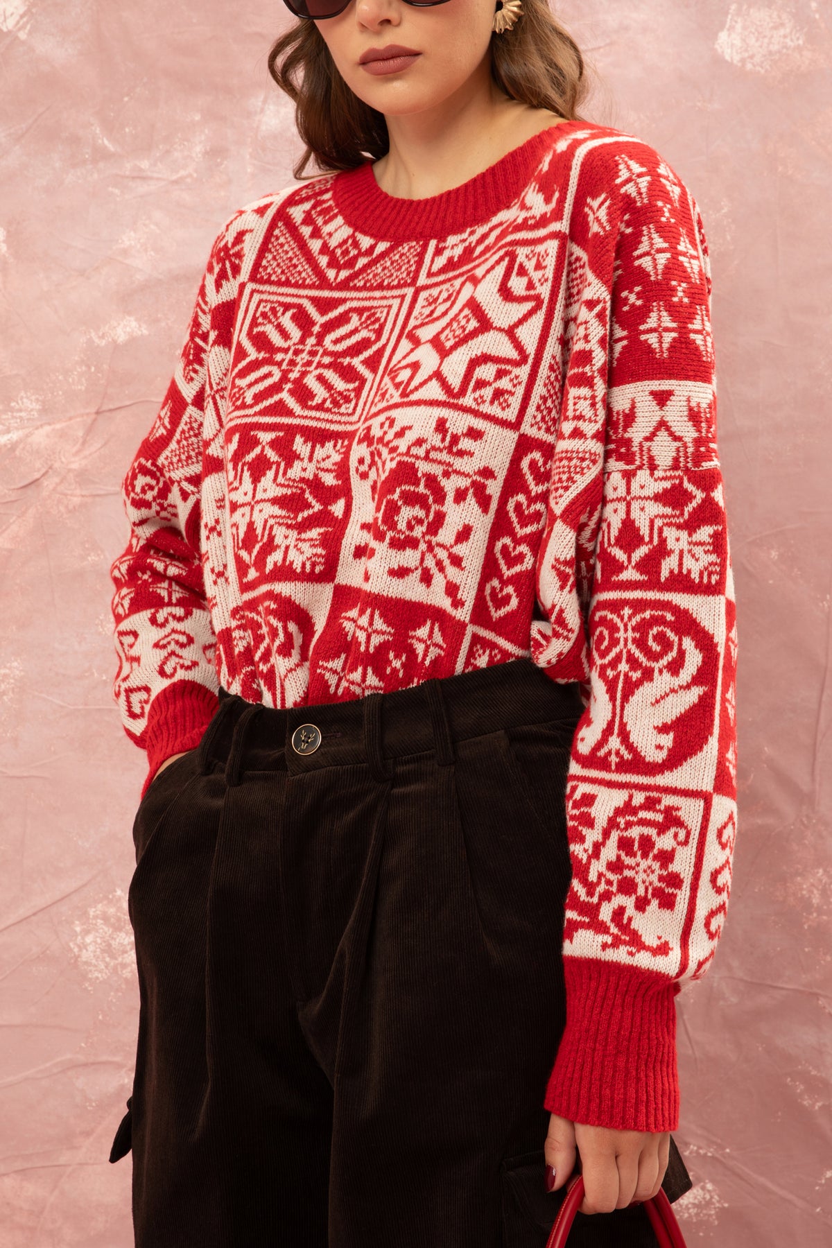 JACQUARD KNIT PULLOVER "KOUVERTA" RED/WHITE