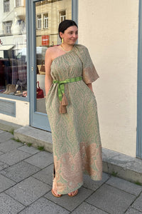 LONG WOVEN ONE SHOULDER DRESS OLIVE/BRONZE