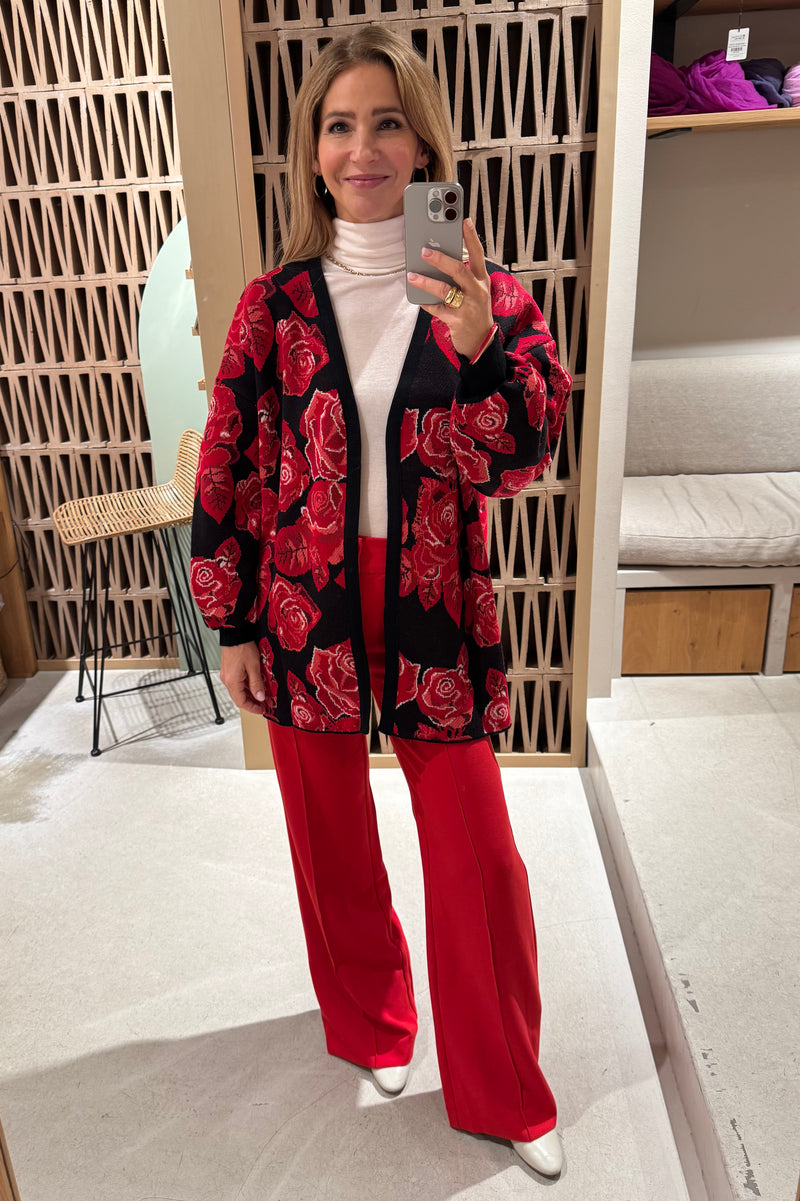 OVERSIZE KNIT CARDIGAN "ROSES" BLACK/RED