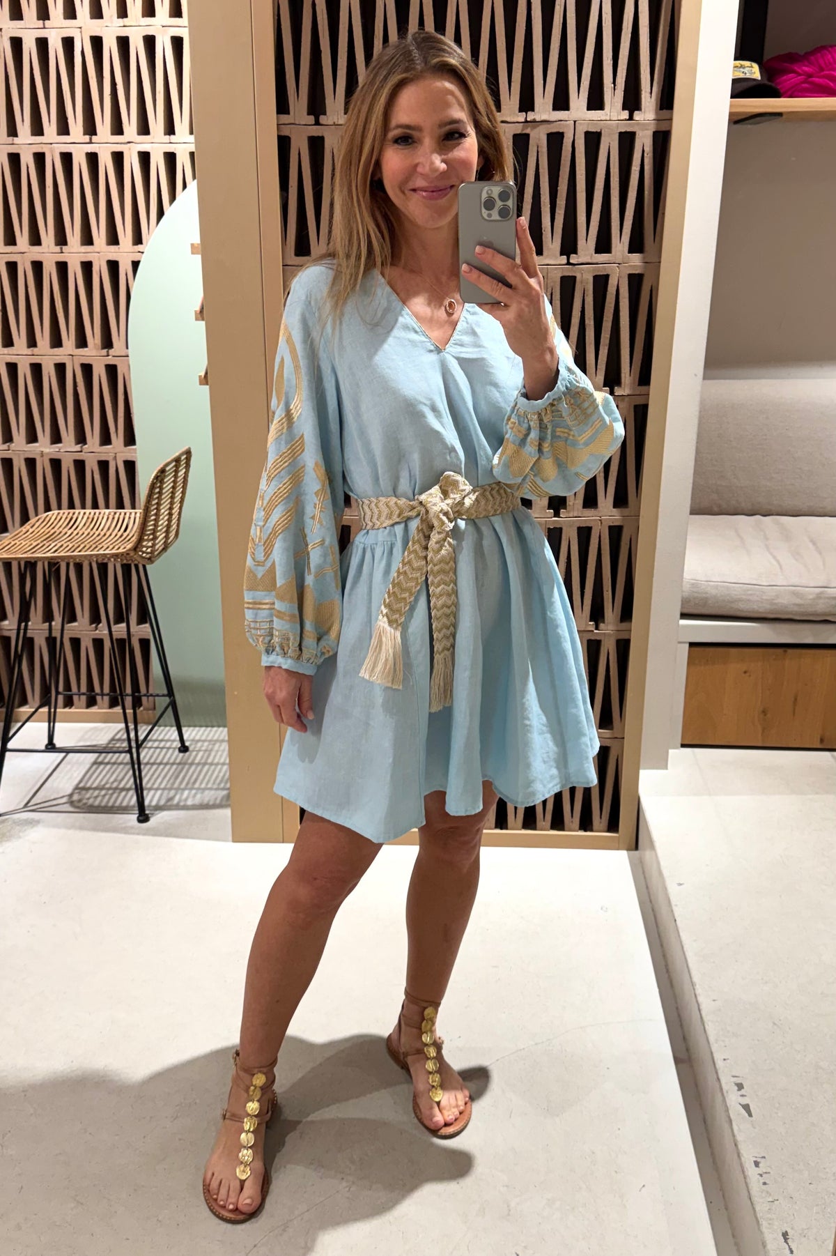 SHORT LINEN DRESS WITH BALLON SLEEVES "FEATHER" CIEL/GOLD