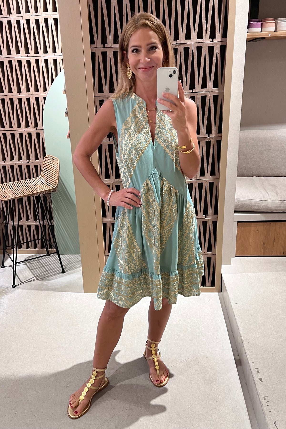OVERSIZED SHORT COTTON DRESS "TRIANGLE" SEA GREEN/GOLD