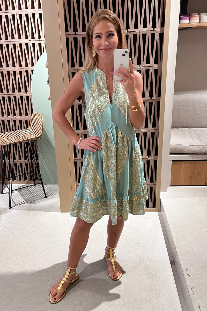 OVERSIZED SHORT COTTON DRESS "TRIANGLE" SEA GREEN/GOLD