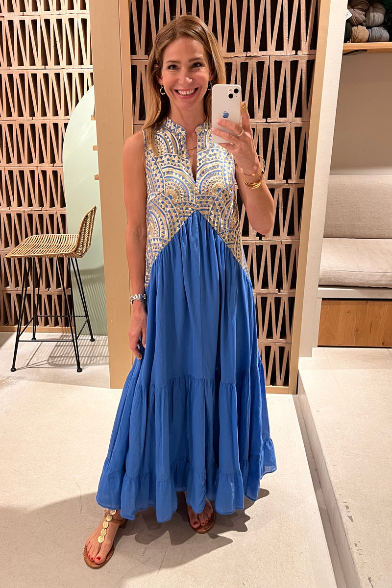 LONG SLEEVELESS COTTON DRESS "TRIANGLE" BLUE RAF/GOLD