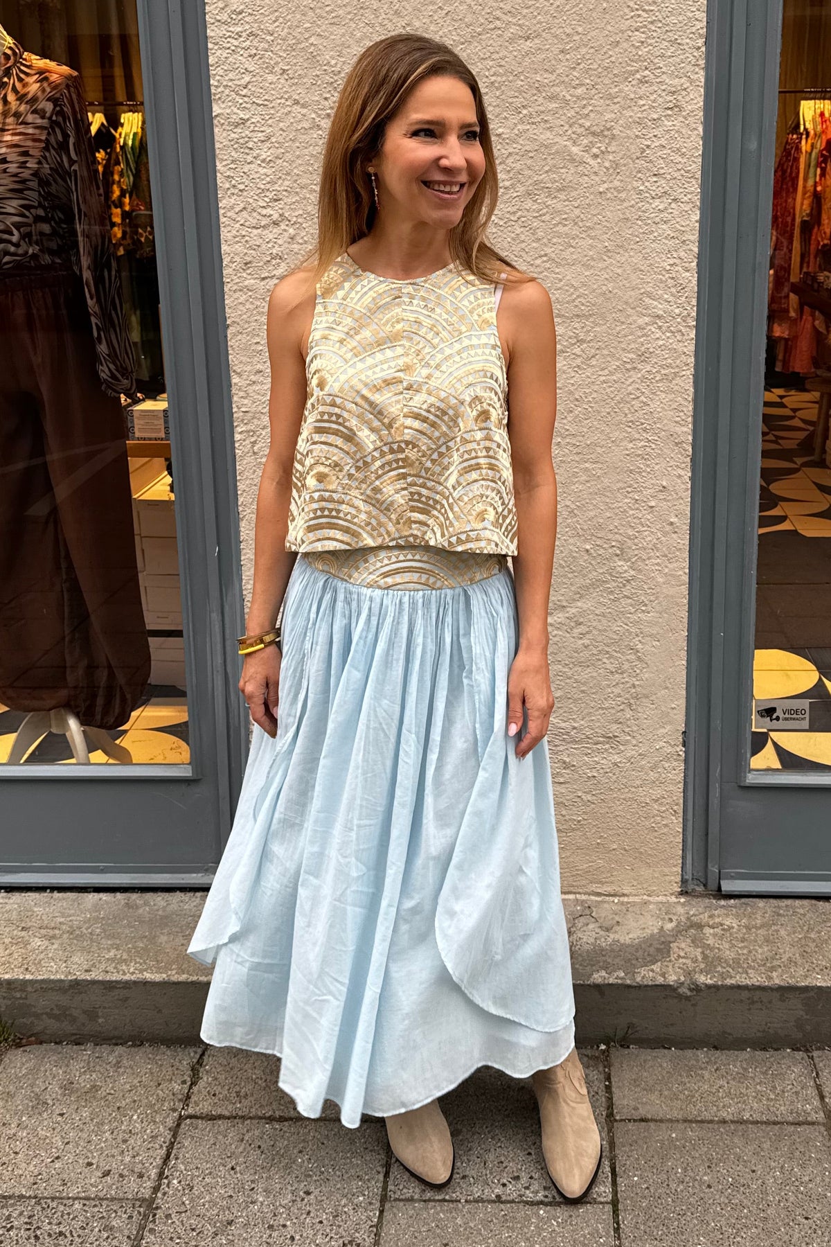 MIDI COTTON SKIRT "TRIANGLE" CIEL/GOLD